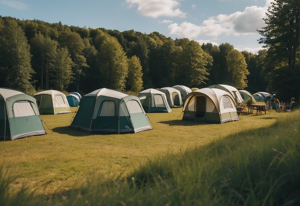 A serene Danish camping site nestled among lush greenery and surrounded by clear blue lakes and rolling hills