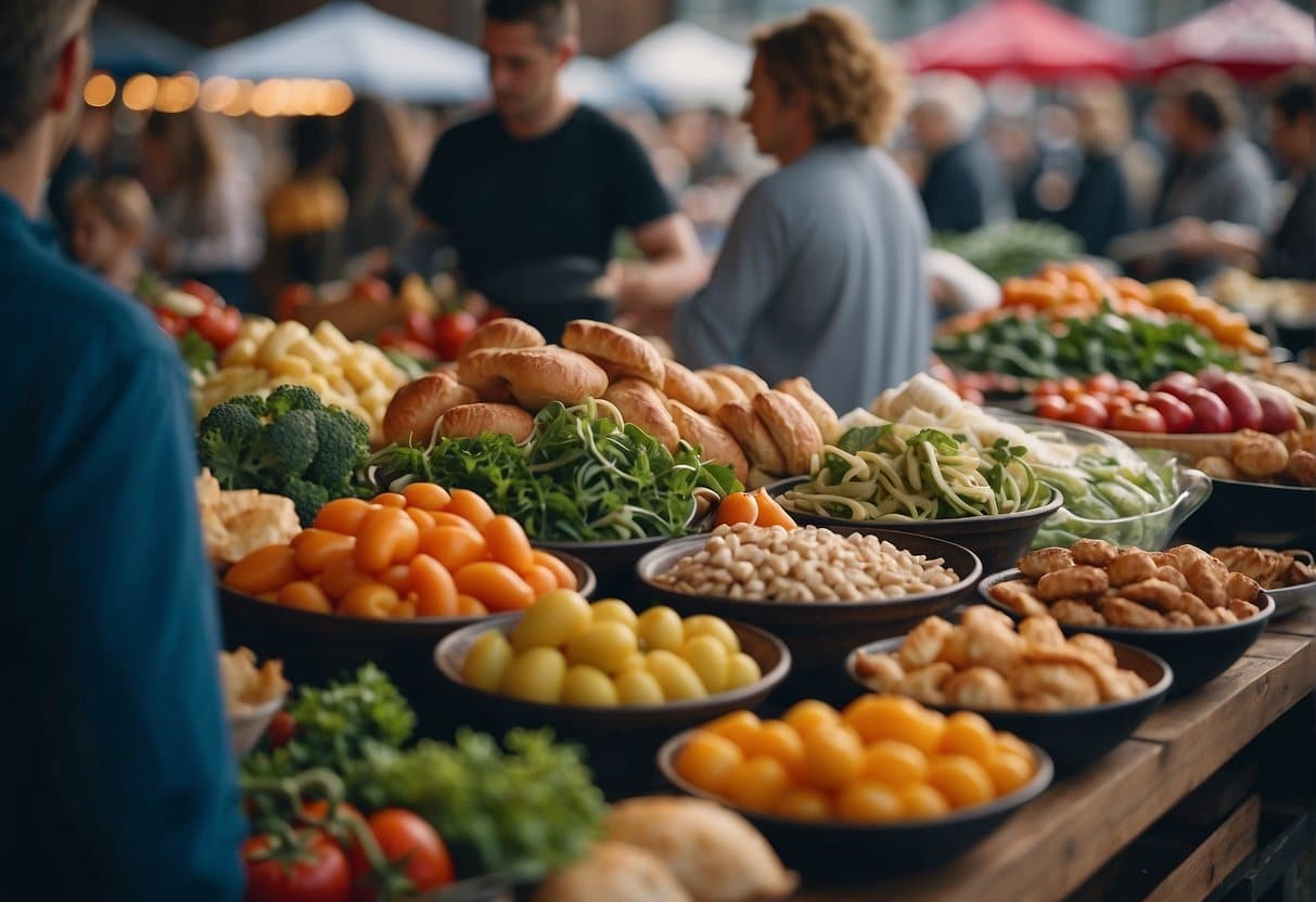 A bustling food market in Aarhus, with colorful stalls and people sampling a variety of dishes. The aroma of fresh ingredients fills the air