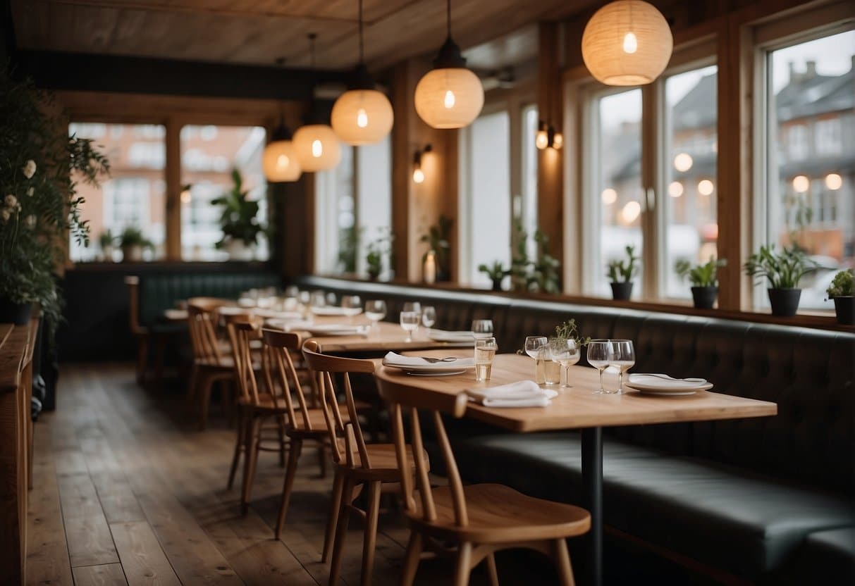 A cozy Nordic restaurant in Aarhus with minimalist decor, wooden furniture, and soft lighting. The menu features traditional Scandinavian dishes and local ingredients