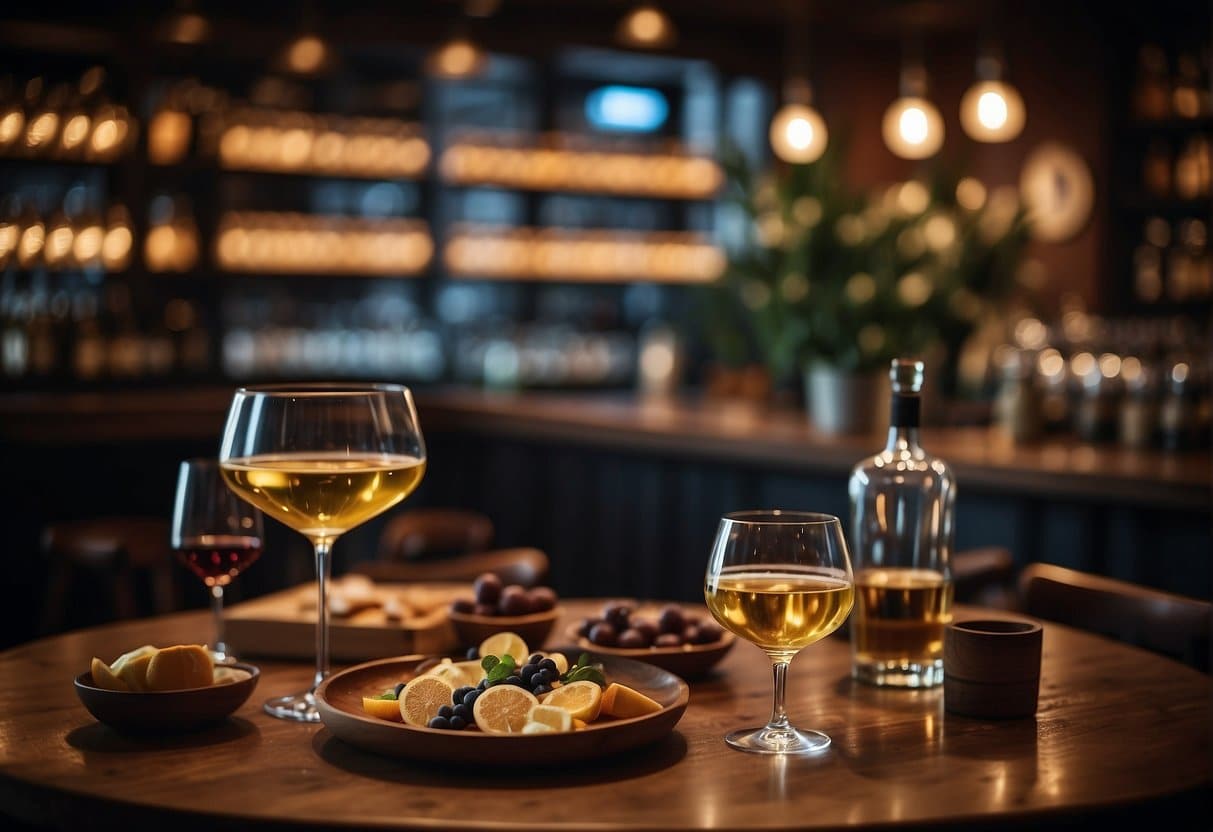 A bustling street in Århus filled with diverse restaurants and cuisines from around the world. Outdoor seating, colorful signage, and a lively atmosphere