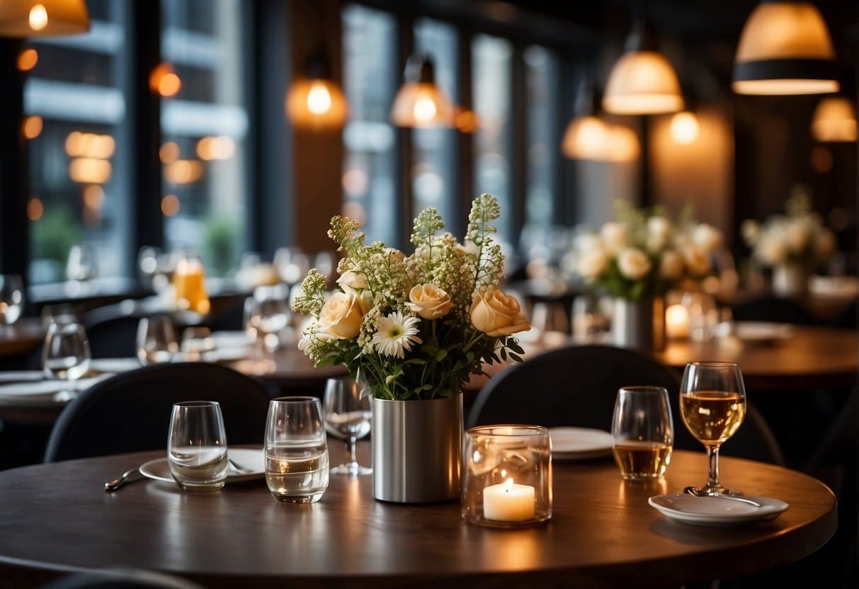 A cozy restaurant in Aarhus, with warm lighting and inviting decor. Tables are set with elegant cutlery and fresh flowers