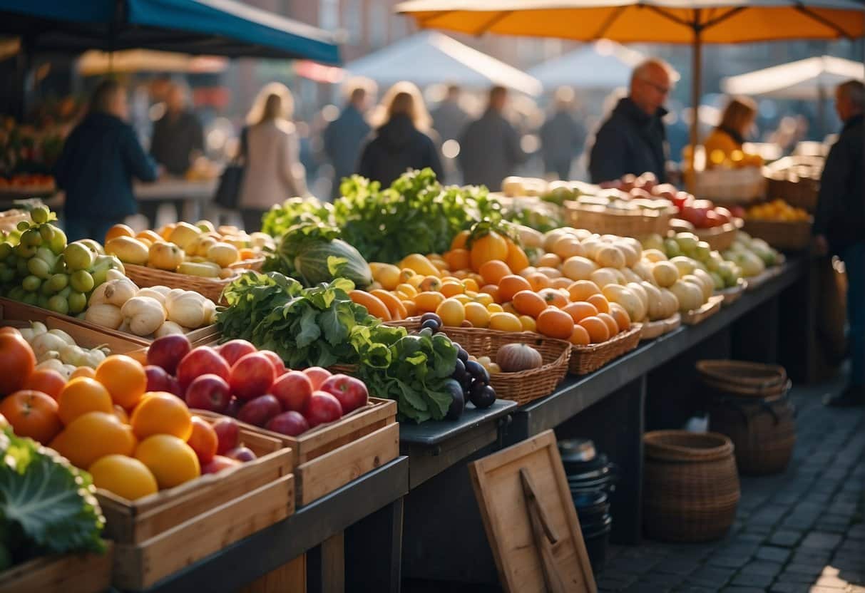 A bustling market with colorful stalls selling local produce and popular dishes in Aarhus, Denmark. The aroma of fresh ingredients fills the air