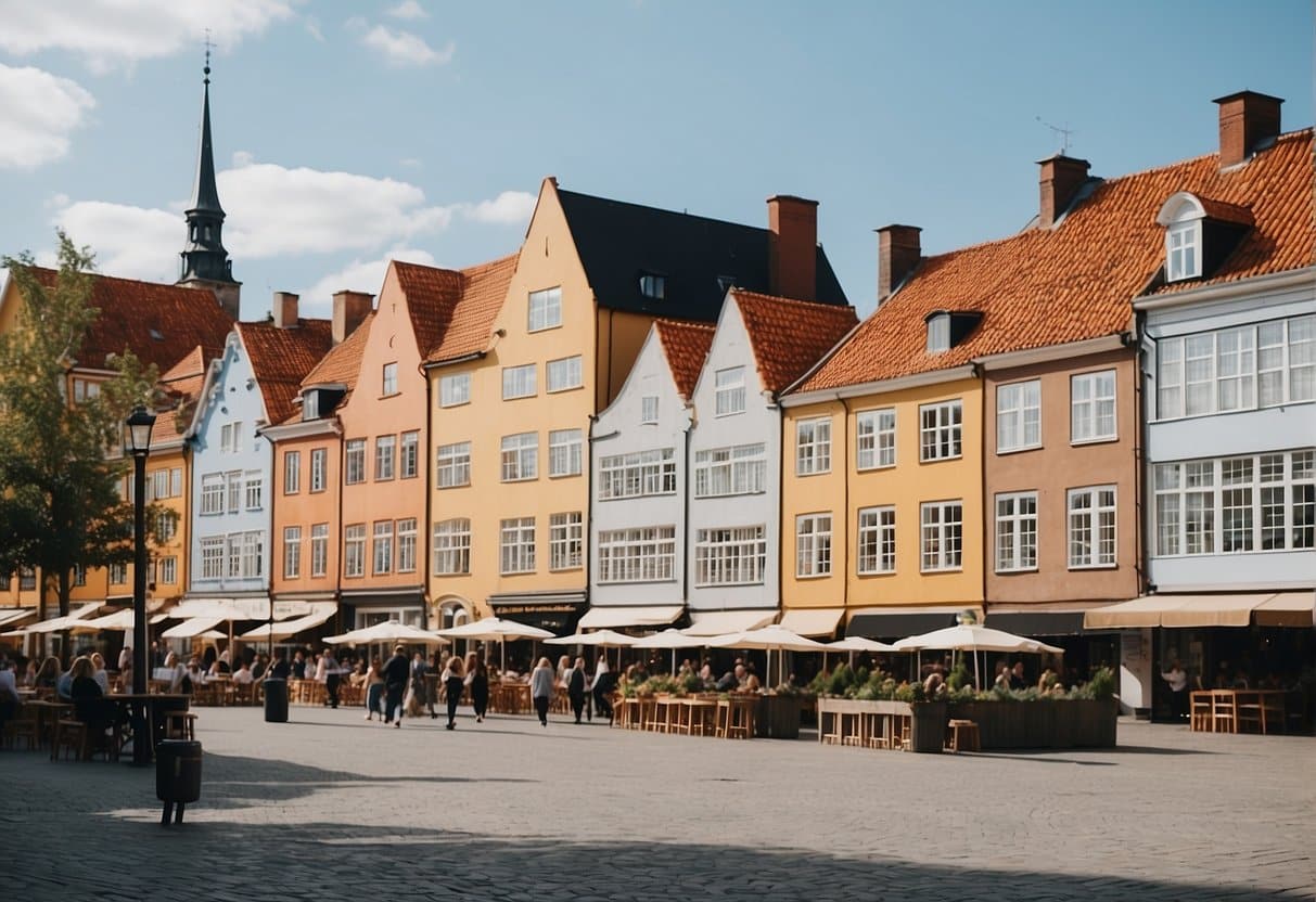 A lively Danish city scene with colorful buildings, cobblestone streets, and bustling family-friendly attractions