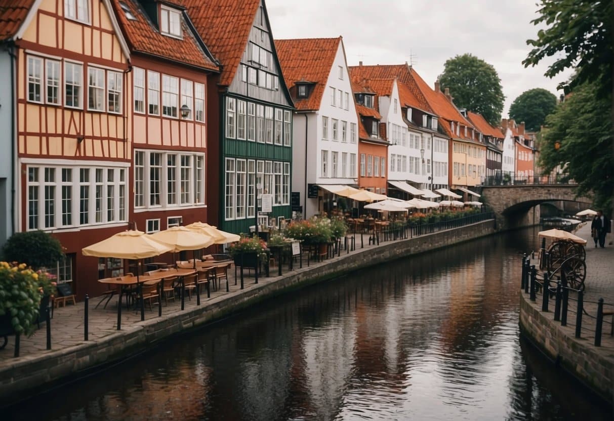 A quaint Danish town with colorful half-timbered houses lining cobblestone streets, a picturesque canal winding through the center, and a backdrop of historic buildings and charming cafes