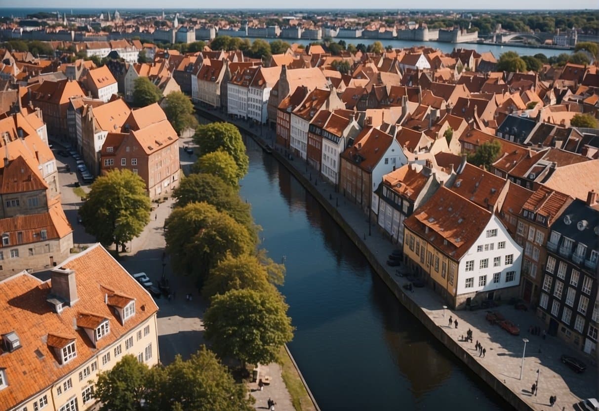 A peaceful Danish city with colorful buildings, cobblestone streets, and green parks. A bustling waterfront with boats and cafes