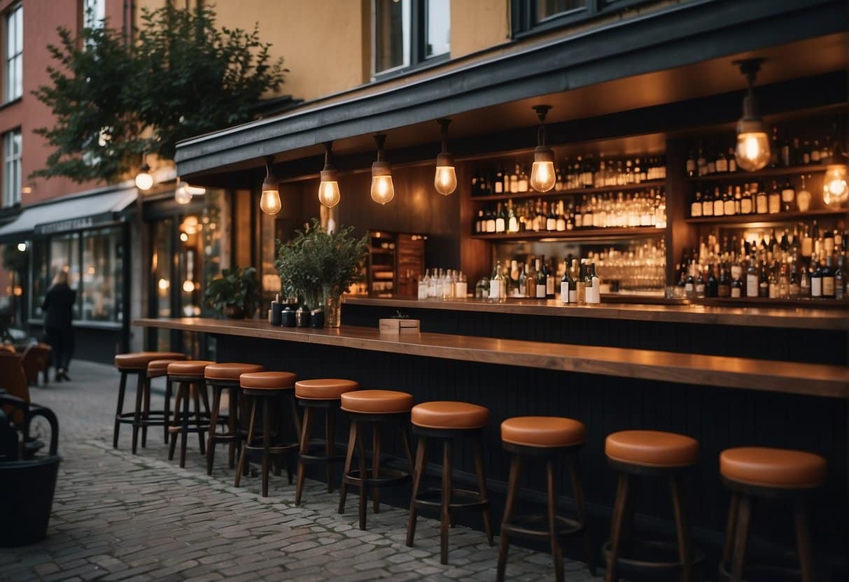 A cozy, warmly lit bar on Nørrebro in 2024, with comfortable seating, soft lighting, and a welcoming atmosphere