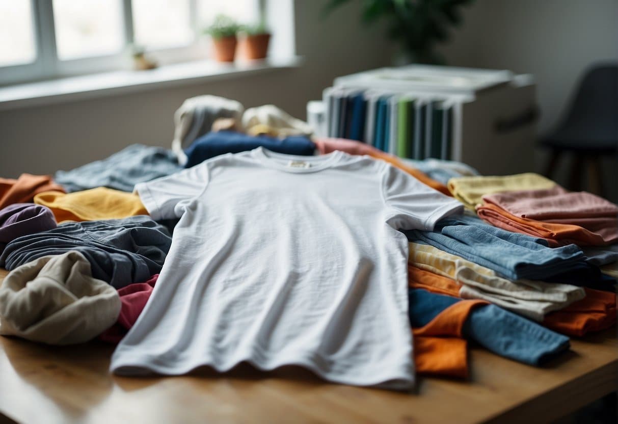 A simple white t-shirt surrounded by colorful fabric swatches and sewing materials on a clean, well-lit worktable