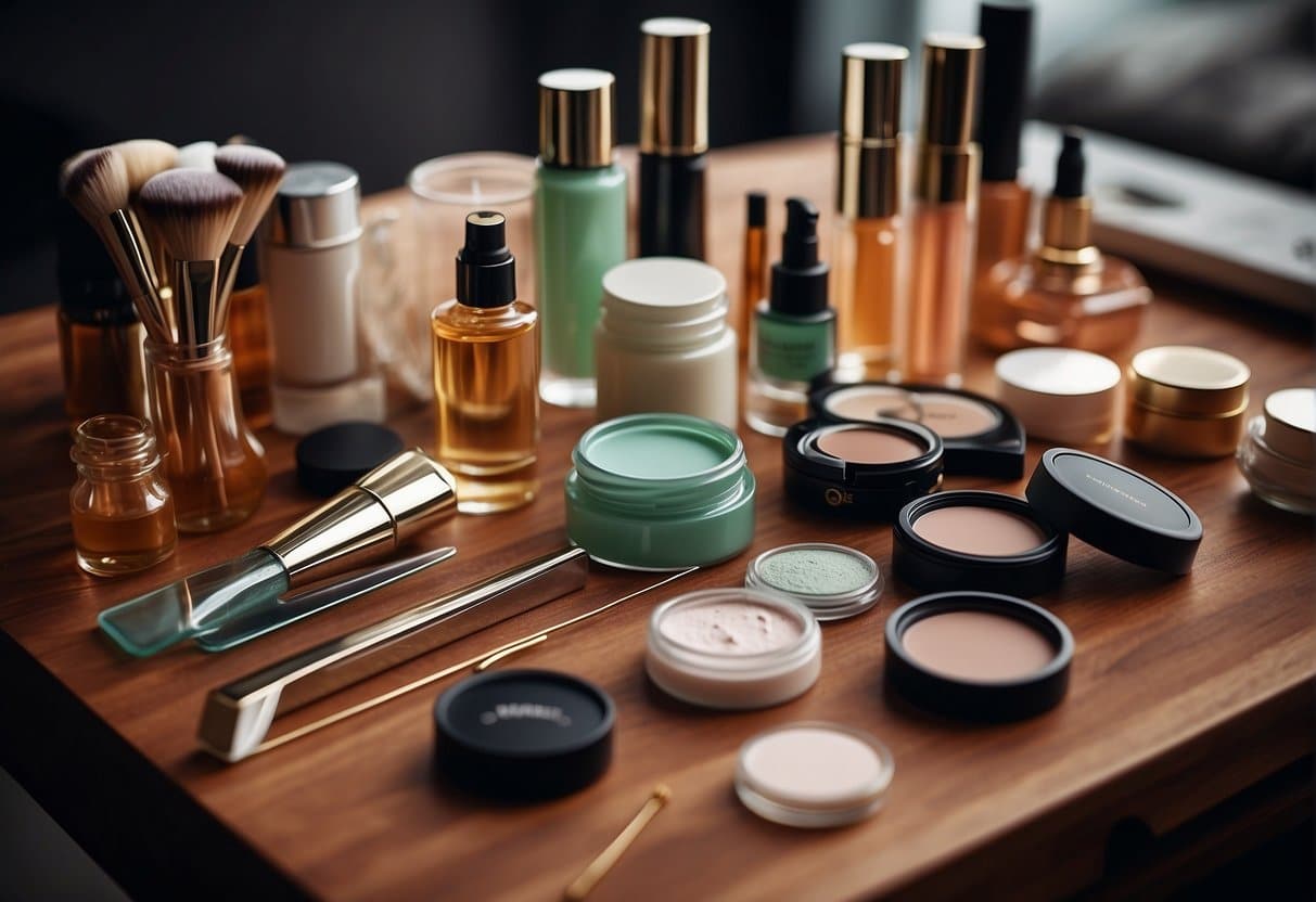 A table with various beauty products arranged neatly, surrounded by measuring tools and fabric swatches