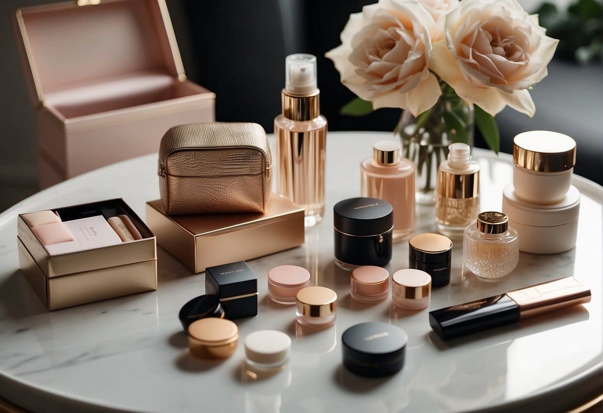 A table with an open Beauty Box filled with various skincare and makeup products. A mirror reflects the products, and a soft light illuminates the scene