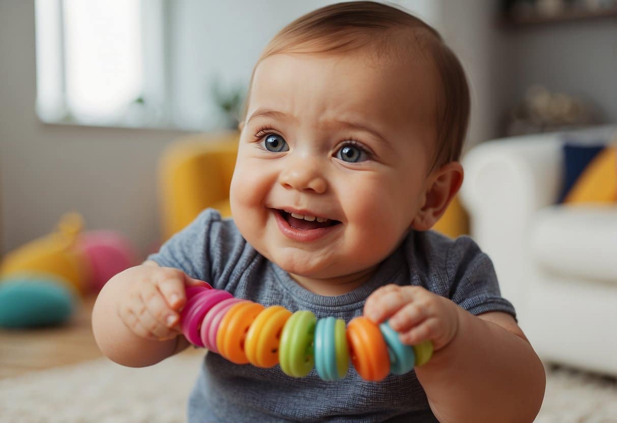 A baby reaching for a colorful teething ring surrounded by various options, with a smiling parent looking on