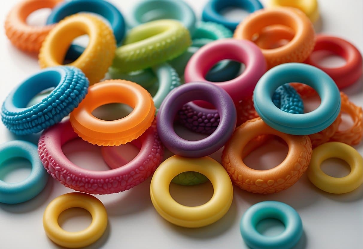 A collection of 8 colorful and textured teething rings arranged in a circular pattern on a clean, white surface