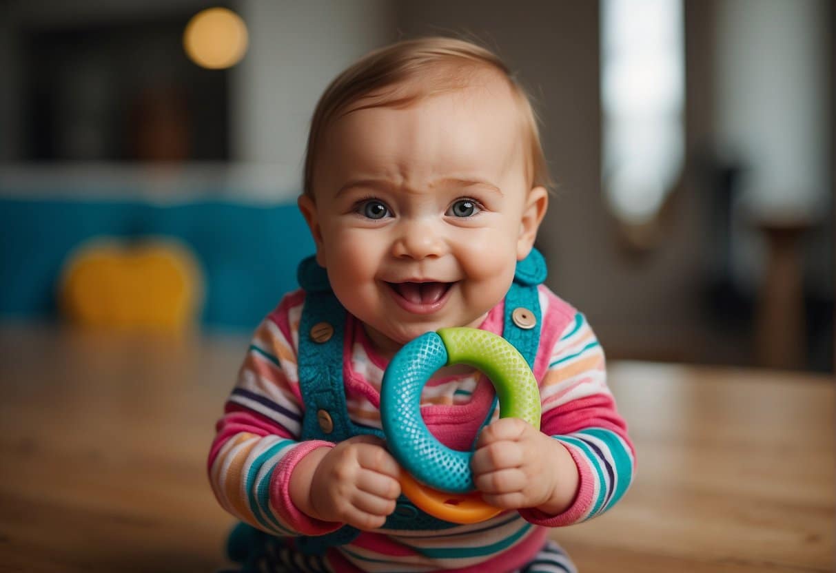 A baby happily chewing on a colorful teething ring, with a big smile on their face and drool running down their chin