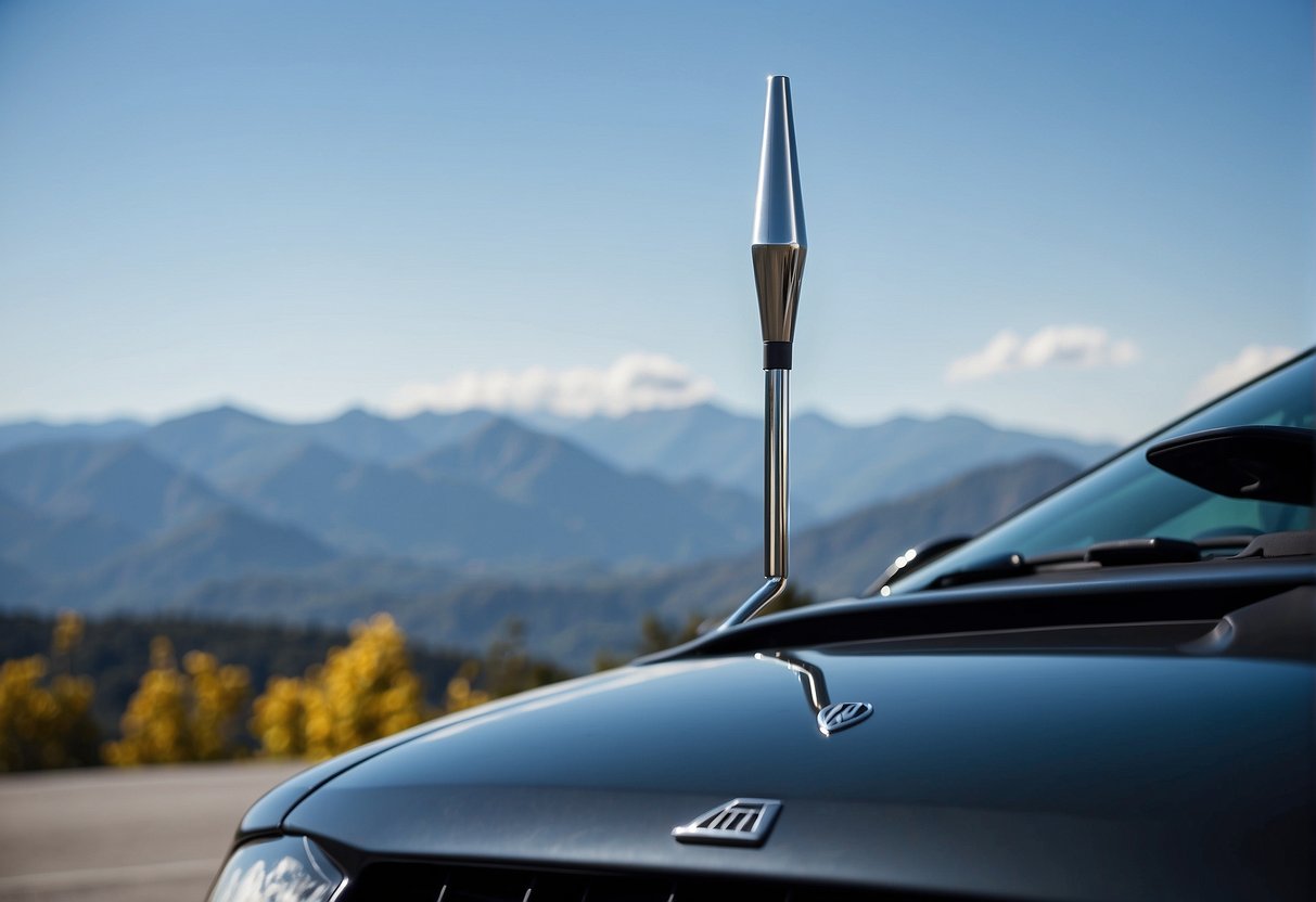 A sleek, modern car antenna stands tall against a clear blue sky, with a mountain range in the background