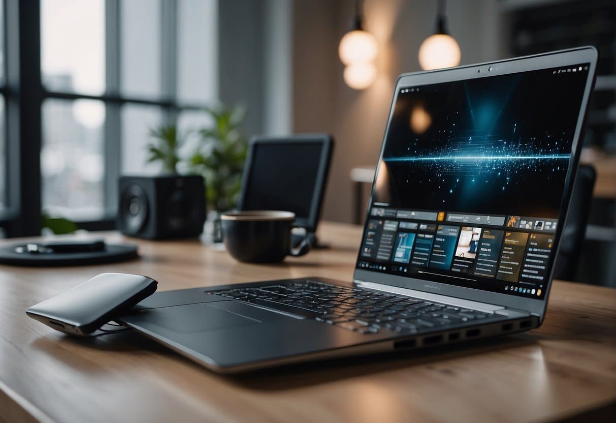 A modern laptop sitting on a sleek desk, surrounded by various tech gadgets and accessories. The room is well-lit with a minimalist design aesthetic