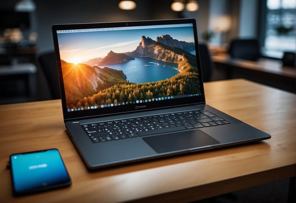 A sleek, affordable laptop sits on a desk in a modern office setting, surrounded by other tech gadgets and office supplies. The laptop's screen displays a crisp and vibrant image, indicating its high-quality display