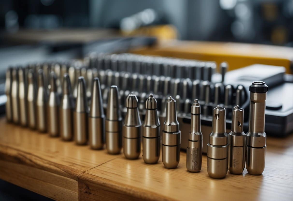 A set of high-quality screwdriver bits and extra features laid out neatly on a workbench