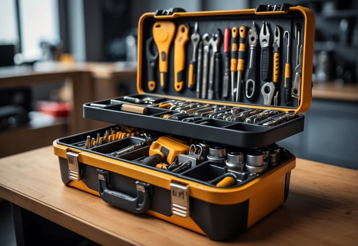 A neatly organized toolbox with labeled compartments for various bits and tools