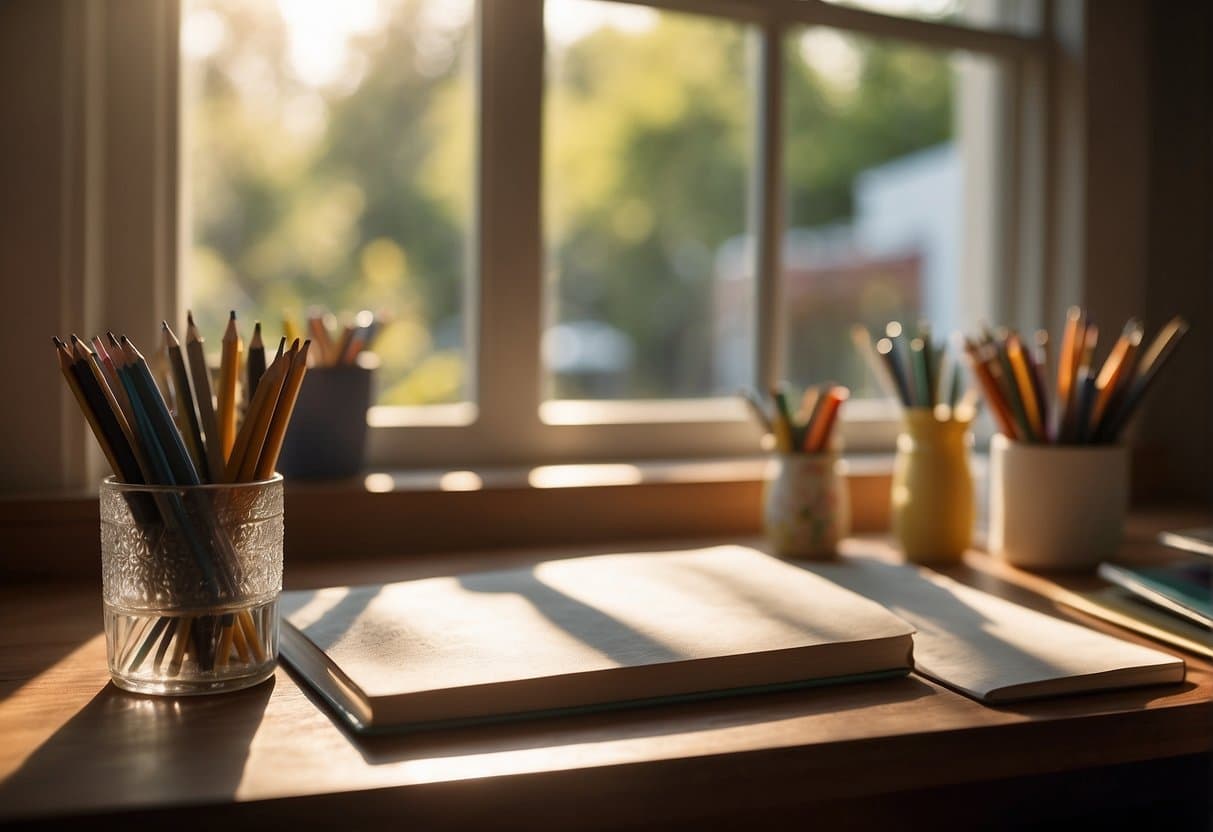 A well-lit desk with a variety of sharpened pencils, sketchbook, and eraser. An open window lets in natural light, casting soft shadows on the workspace