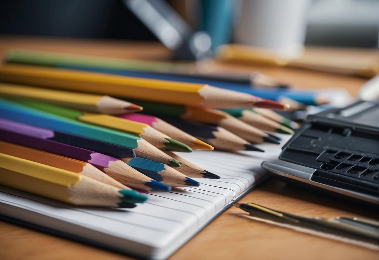 A variety of drawing pencils arranged on a clean, well-lit desk with a sketch pad and eraser nearby