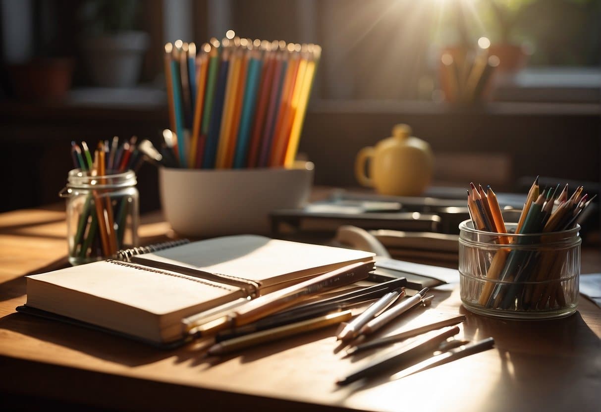 A table with various pencil types, sketchbooks, and art supplies. Light shines on the pencils, creating shadows. A hand-drawn sketch sits nearby