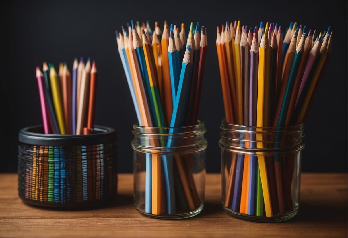 A variety of colored pencils and drawing pencils arranged neatly on a wooden desk with a blank sketchbook open and ready for use