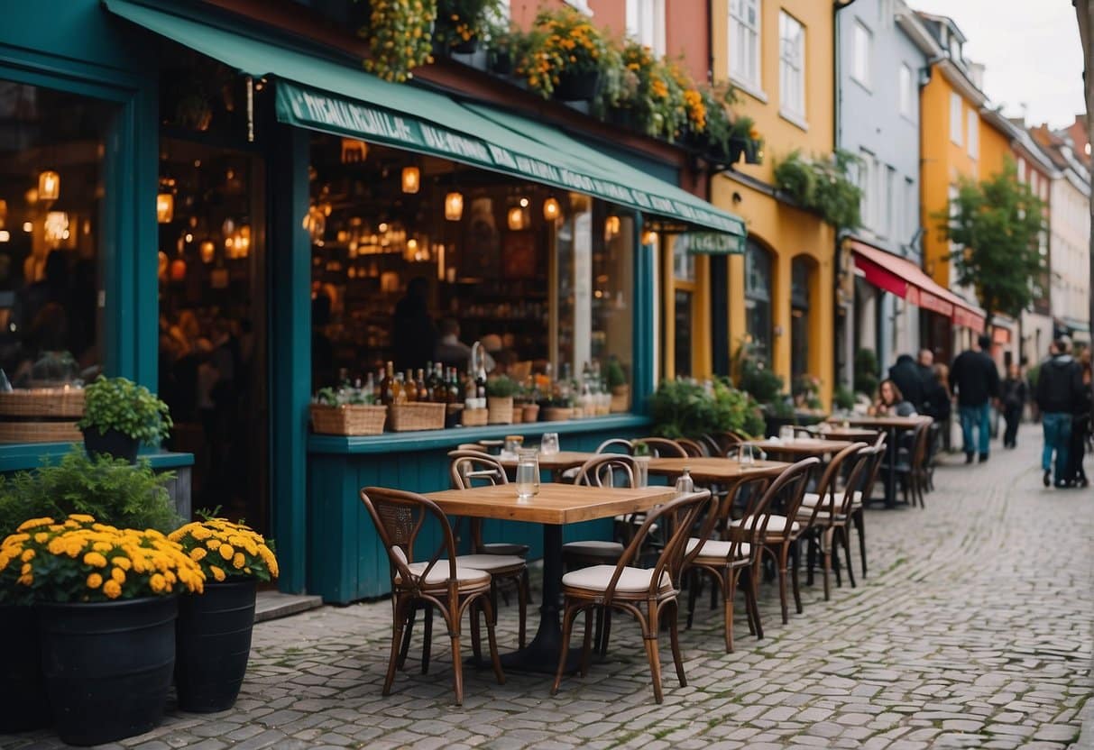 A cozy corner of a vibrant Copenhagen street, with colorful and inviting shisha cafes lining the cobblestone sidewalks, bustling with locals and tourists enjoying the relaxed atmosphere