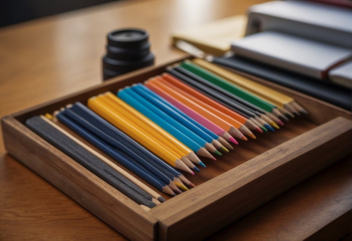 A collection of drawing pencils, erasers, sharpeners, and sketchbooks arranged on a wooden desk with soft natural lighting