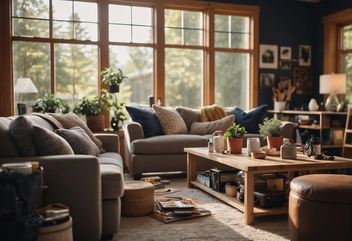 A cozy living room with DIY home improvement projects in progress, featuring tools, paint cans, and a variety of materials scattered around