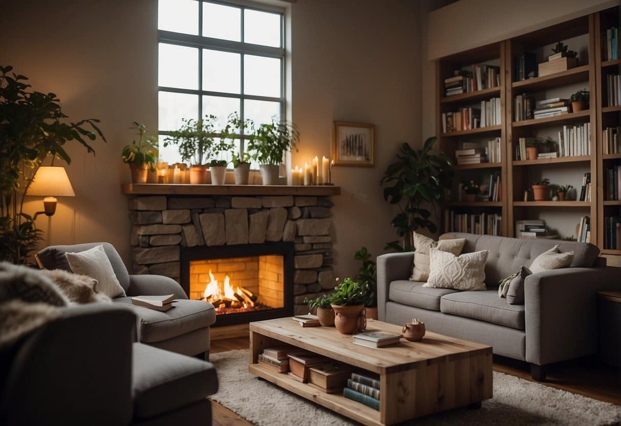 A cozy living room with a crackling fireplace, comfortable furniture, and warm lighting. Books and plants adorn the shelves, creating a welcoming atmosphere