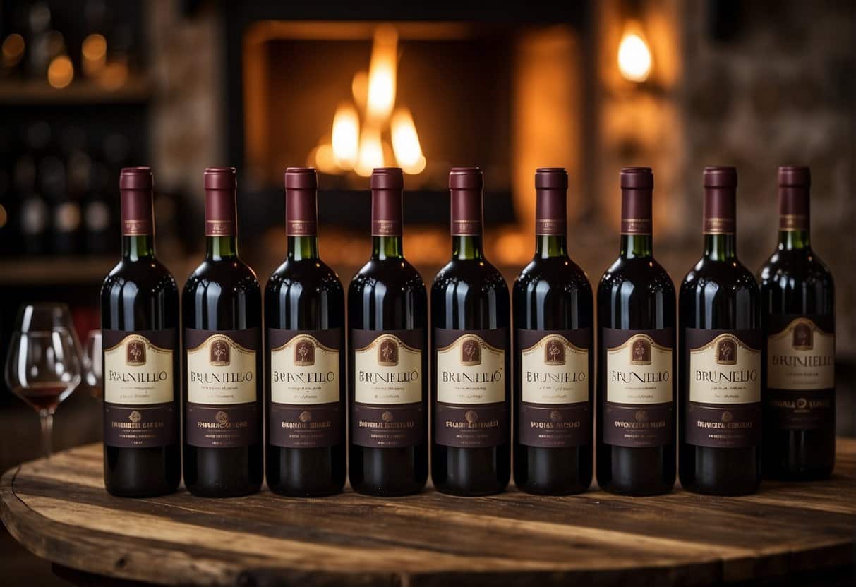 A table displays various bottles of Brunello wine with labels featuring the best vintages. A rustic backdrop and soft lighting enhance the cozy, inviting atmosphere