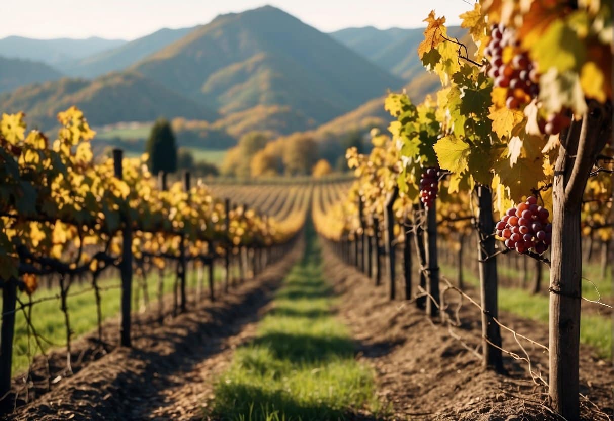 Vineyard hills ablaze with autumn colors, rows of grapevines heavy with ripe fruit, and a rustic stone winery nestled in the valley