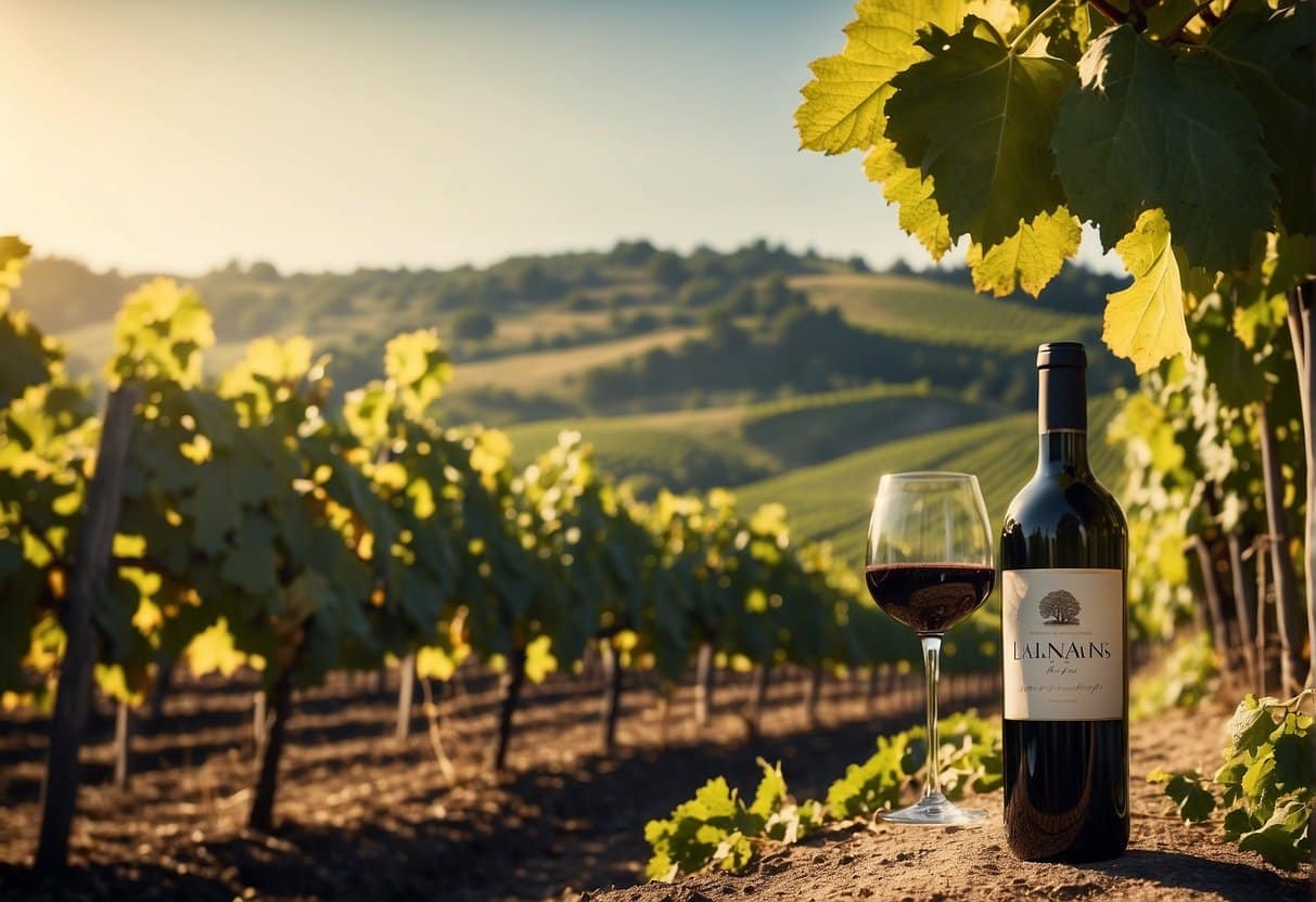 Vineyard with rolling hills, rows of grapevines, and a rustic winery in the background. Sunlight illuminates the rich greenery