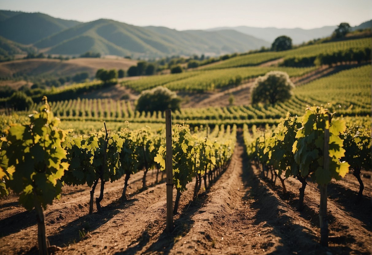 A vineyard with lush, rolling hills and rows of grapevines under a clear blue sky. A winery in the distance with workers tending to the grapes