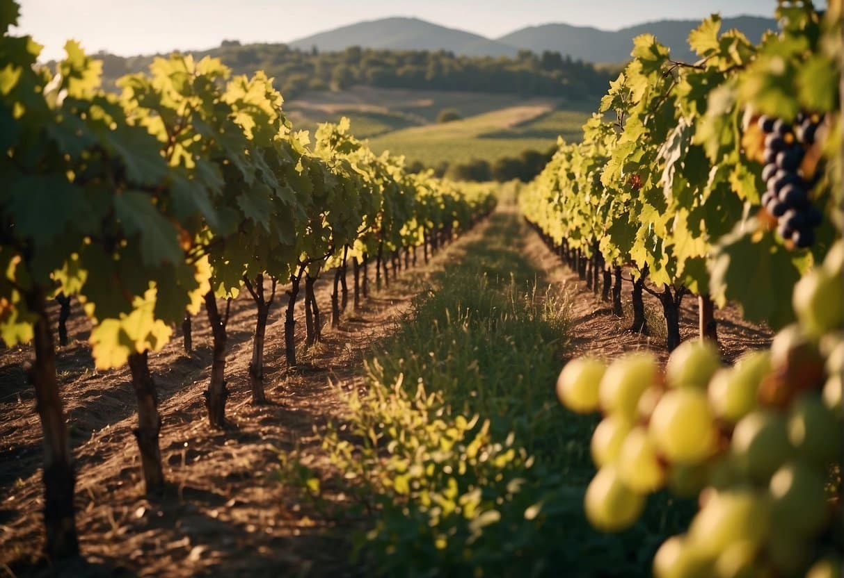 A vineyard with rows of lush Brunello grapevines, bathed in warm sunlight, with a rustic winery in the background