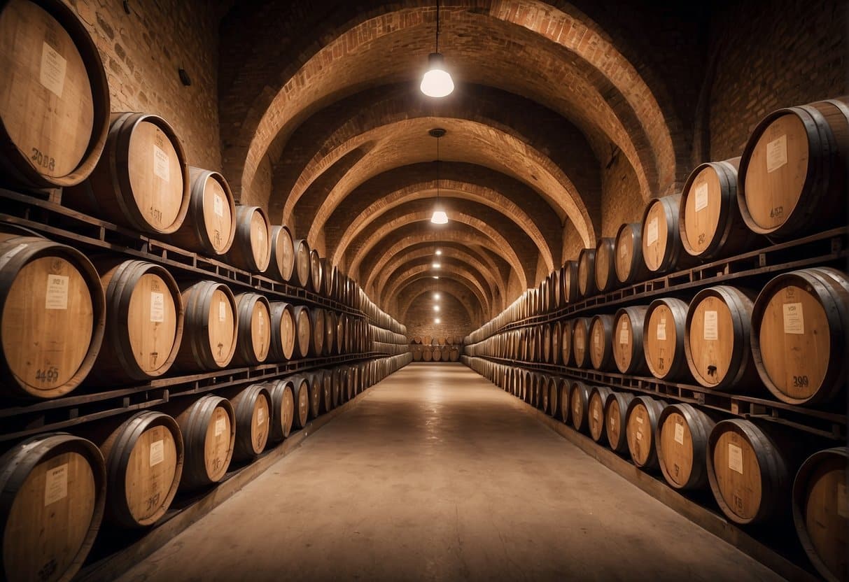 A cellar filled with rows of aging oak barrels, each labeled with the year and vintage of the finest Brunello wines