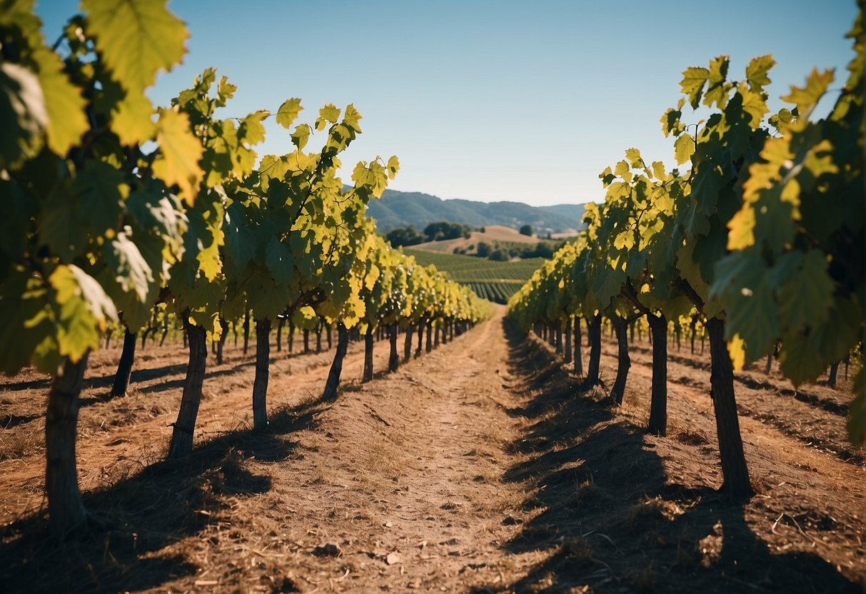 A vineyard with rows of lush Brunello grapevines under a clear blue sky, with a rustic stone building in the background