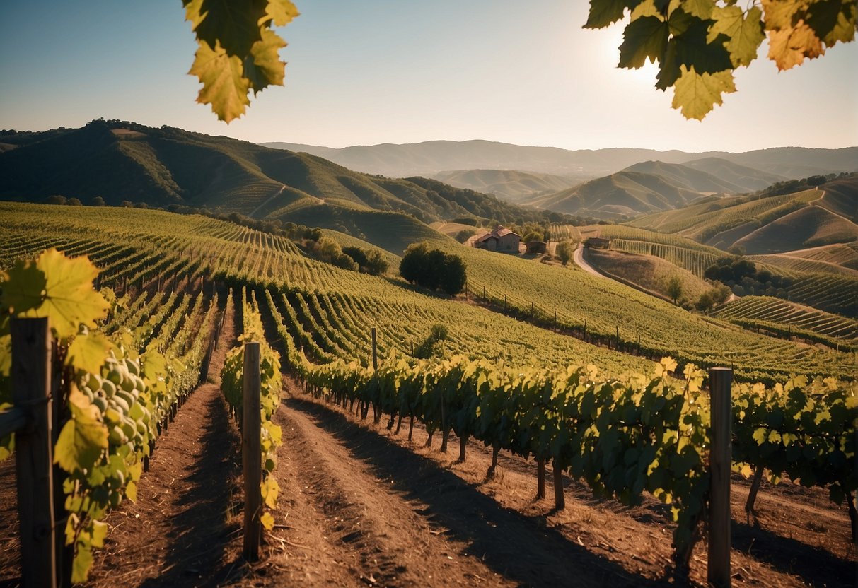 A vineyard with lush grapevines stretching across rolling hills under a bright sun, with a winery in the distance