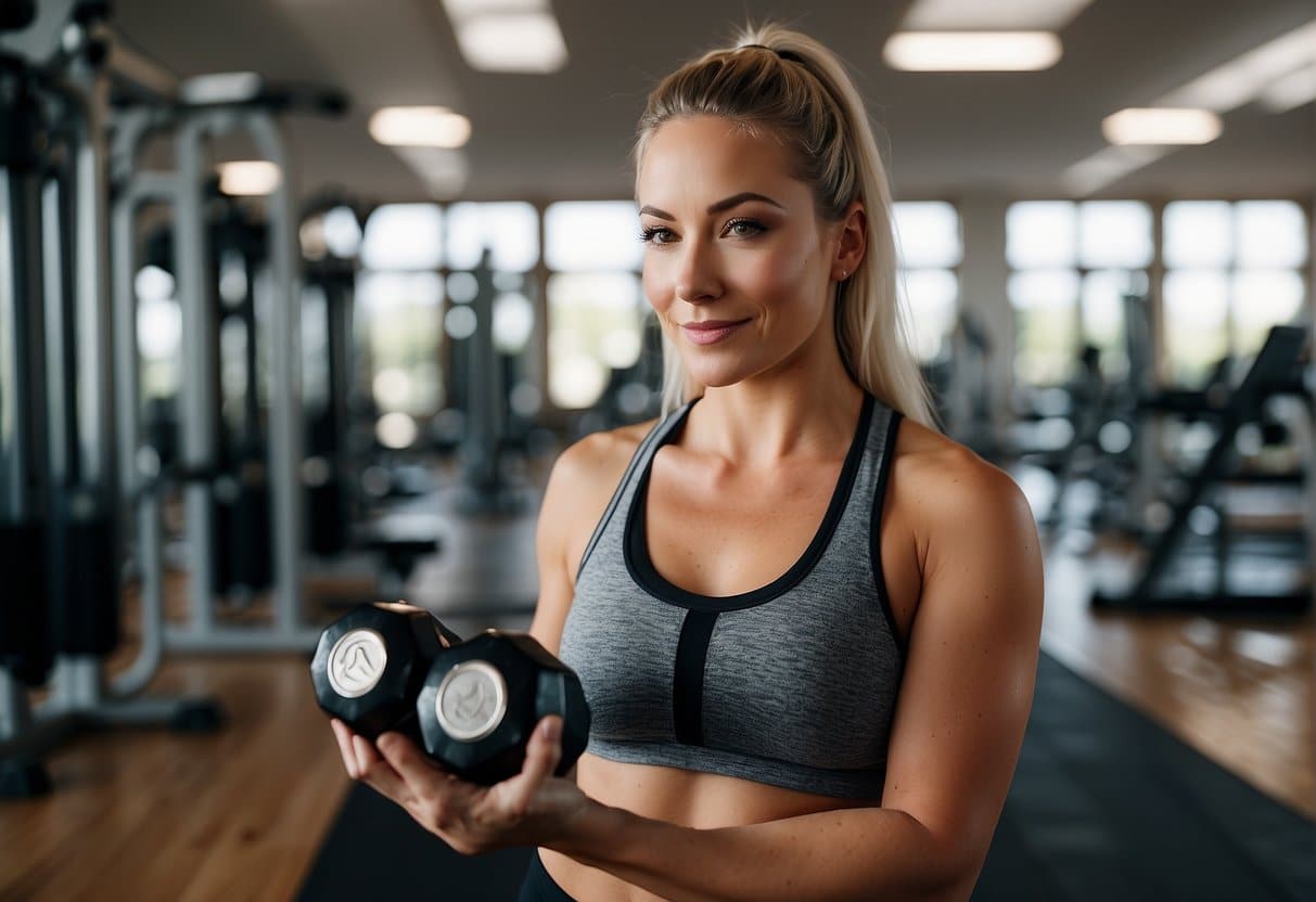 A woman's chest with dumbbells and exercise equipment, surrounded by a bright and airy gym setting