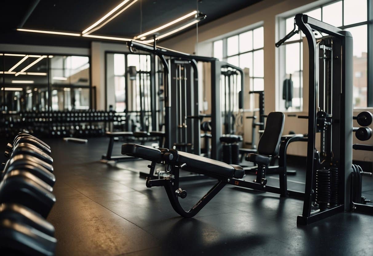 A woman lifting weights in a well-lit gym, surrounded by exercise equipment and motivational posters