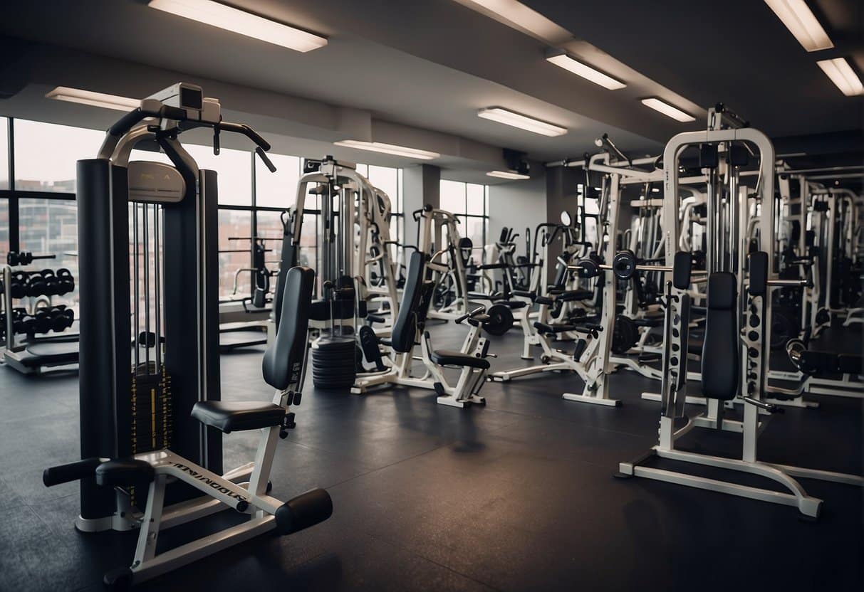 A weight bench with dumbbells, resistance bands, and a workout mat in a well-lit gym studio