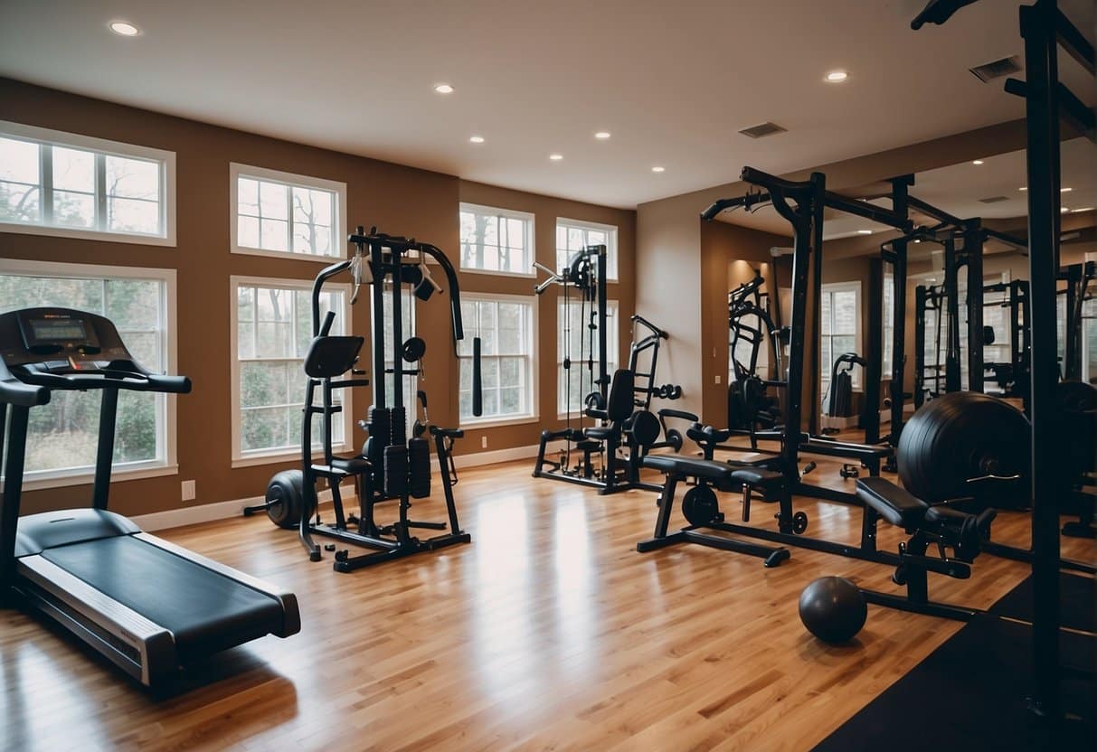 A gym with various chest exercise equipment, including benches, dumbbells, and cable machines. Bright lighting and motivational posters on the walls