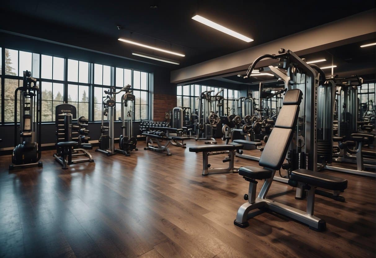 A gym with various chest exercise equipment neatly arranged, including dumbbells, bench press, and cable machines. Bright lighting and a clean, organized space