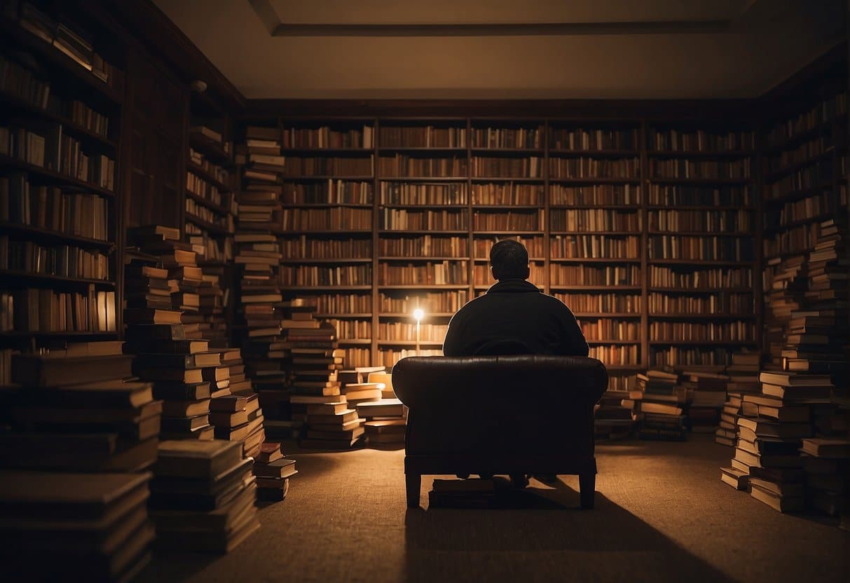 A person sits alone, surrounded by books, lost in thought. The room is dimly lit, creating a cozy and introspective atmosphere