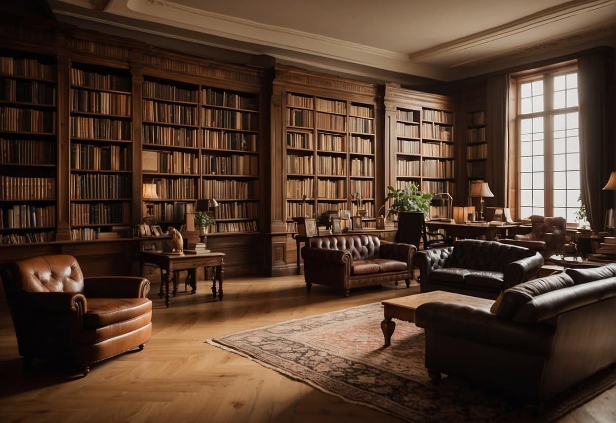 A library filled with Danish literary classics from the 19th century, with books stacked neatly on shelves and soft lighting creating a cozy atmosphere