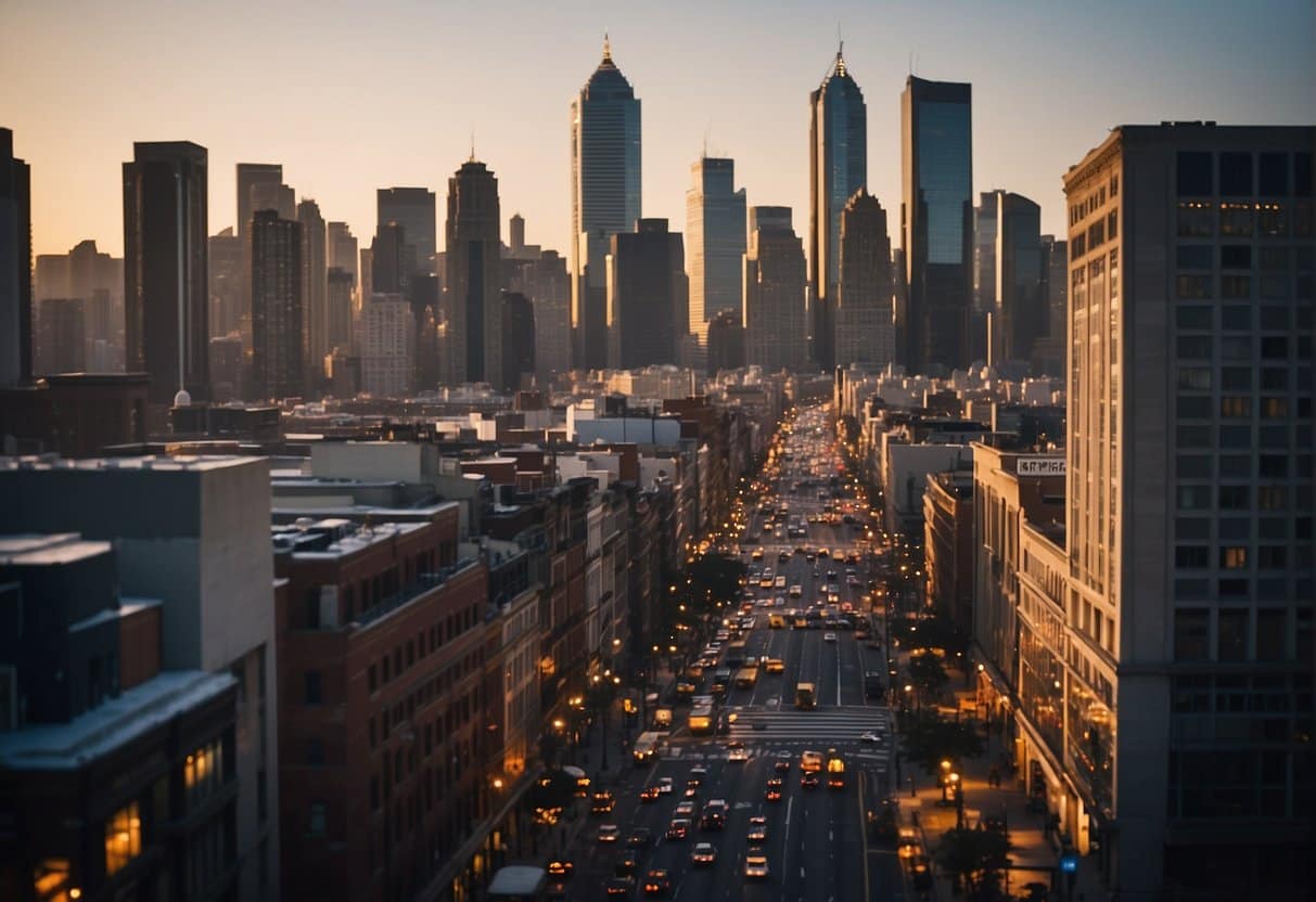 A bustling cityscape with towering buildings and bustling streets, representing the complex societal structures and personal crises in the 21st century