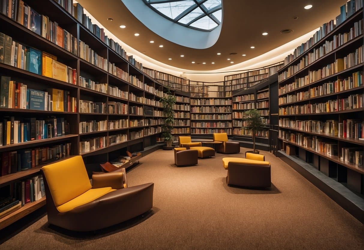 A modern library filled with diverse books from the 21st century, with colorful and abstract book covers lining the shelves, creating a vibrant and dynamic atmosphere