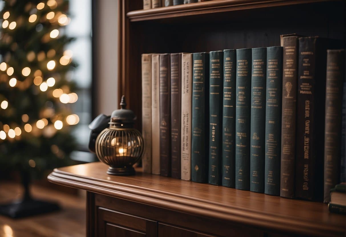 A cozy bed with a stack of books from Mofibo Originals, soft lighting, and a warm blanket