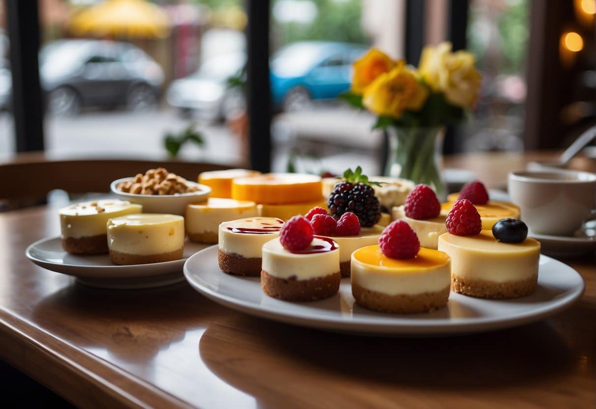 A table with a colorful display of assorted cheesecakes, surrounded by cozy cafe ambiance