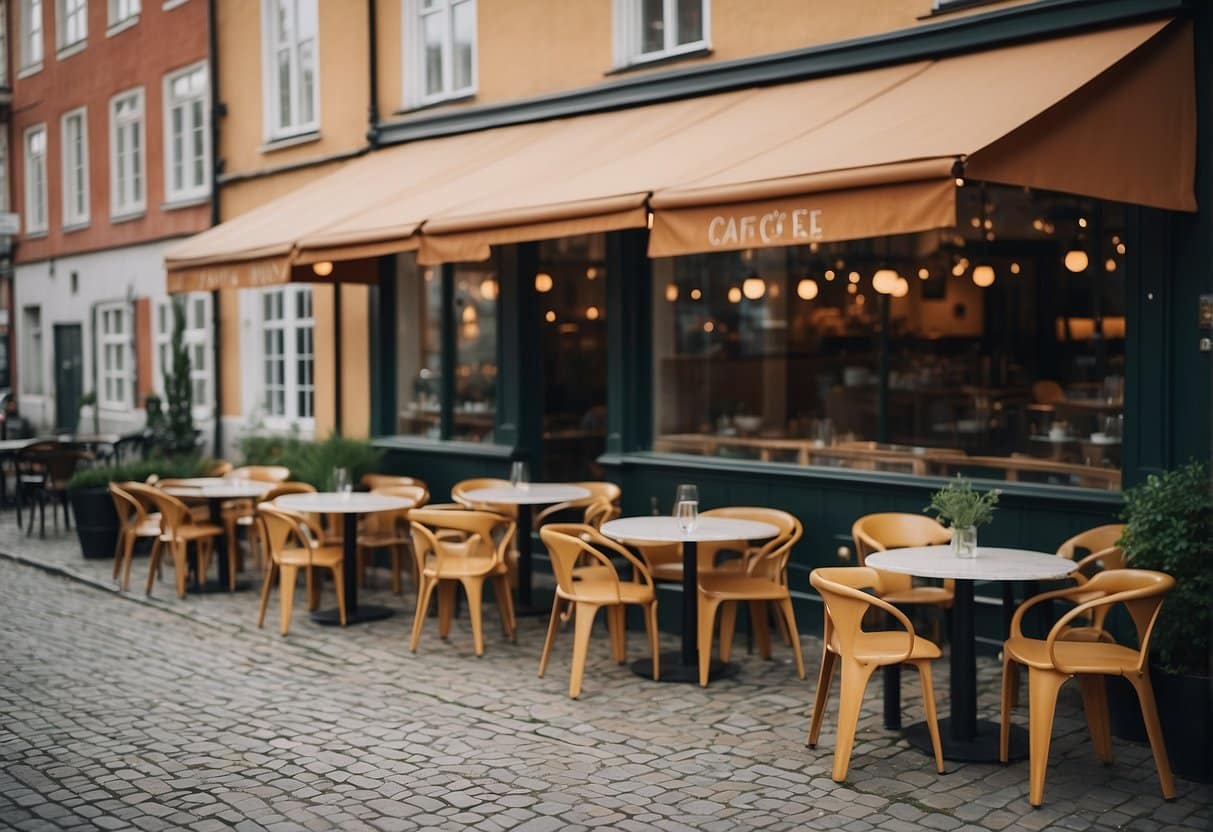 A cozy bakery in Copenhagen with a display of mouthwatering cheesecakes, surrounded by vintage decor and warm lighting