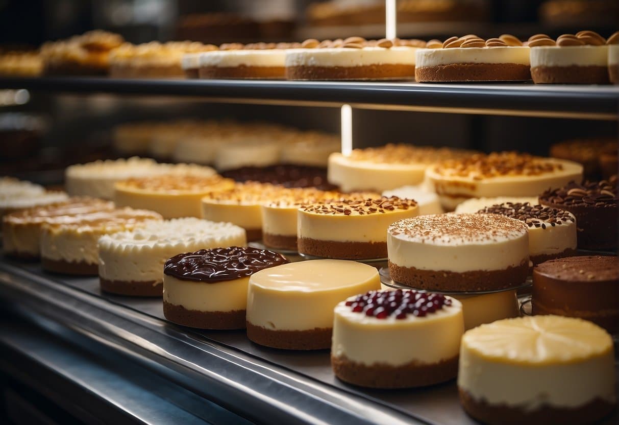 A display of various cheesecake variations at a bakery in Copenhagen, showcasing the best cheesecakes in the city